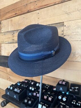 Dobbs Men's Navy Straw Fedora Hat with Blue Band